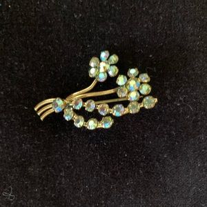 Vintage Signed Austria, Blue Gold Tones Aurora Borealis Crystal Brooch.
